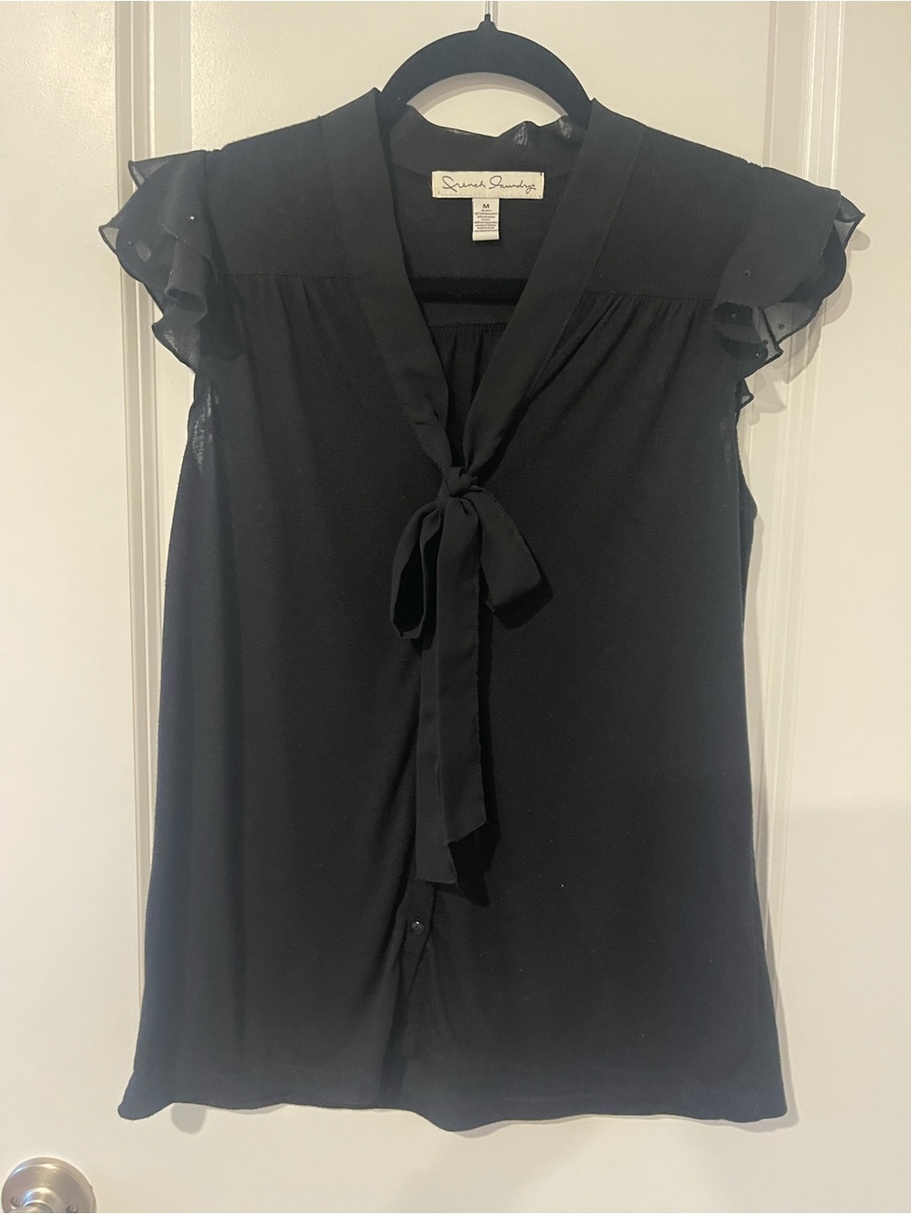 French Laundry Black Tie-Neck Flutter Sleeve Blouse